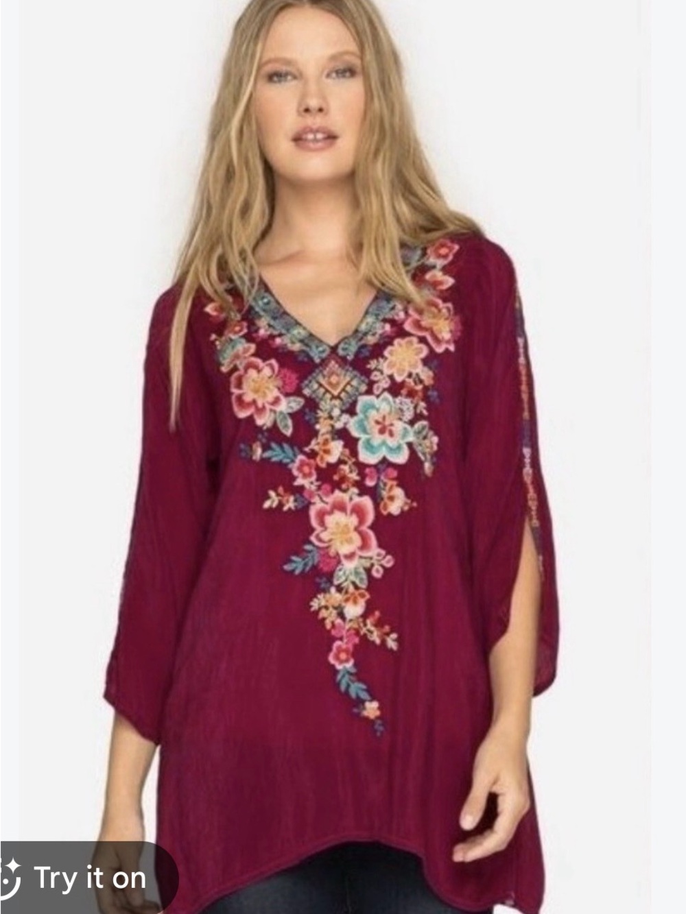 Johnny Was Plum Embroidered V-Neck Tunic with Multicolor Floral Stitching M